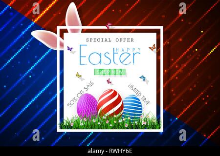 Happy Easter sale banners with realistic Easter rabbir`s ears, vector. Stock Vector